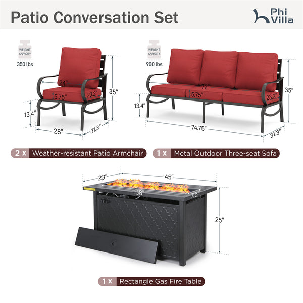 5-Seater Patio Metal Wave Sofa Set with Fire Pit Table
