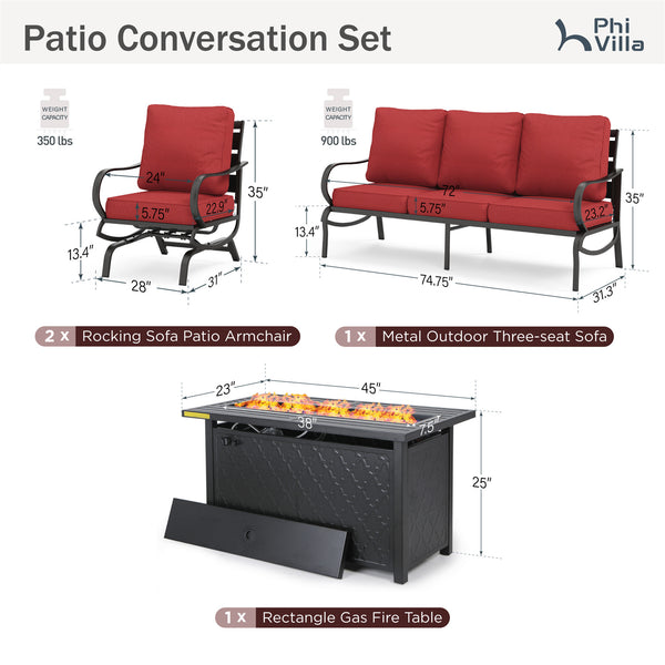 5-Seater Patio Metal Wave Sofa Set with Fire Pit Table
