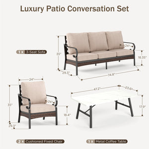 Phi Villa 5-Seater Outdoor Steel & Rattan Dark Color Sofa Set With Coffee Table