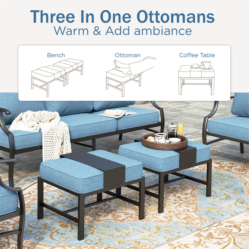 Phi Villa 7-Seater Patio Steel Sofa With Multi-fuctional Ottomans and Coffee Table