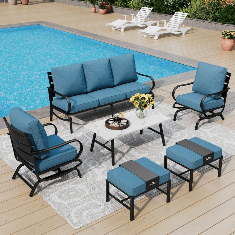 Phi Villa 7-Seater Patio Steel Conversation Sofa Set With Coffee Table & Ottomans