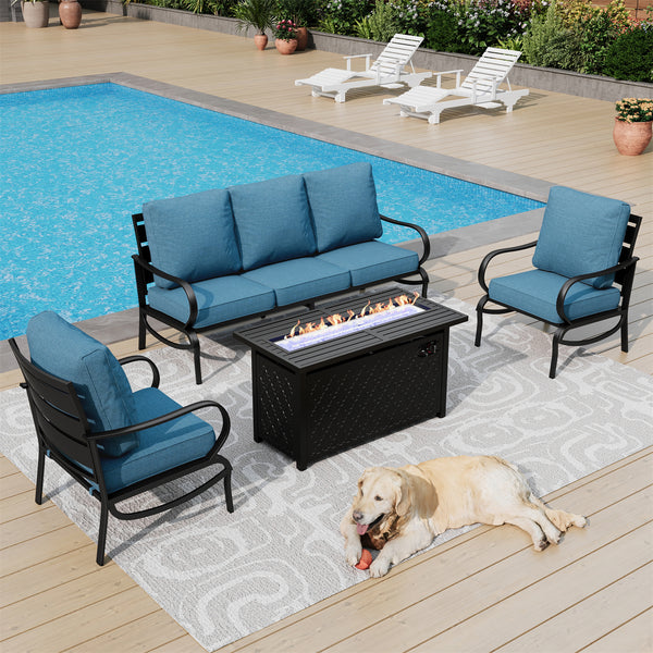 5-Seater Patio Metal Wave Sofa Set with Fire Pit Table