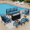 7-Seater Patio Metal Wave Sofa Sets with Fire Pit Table
