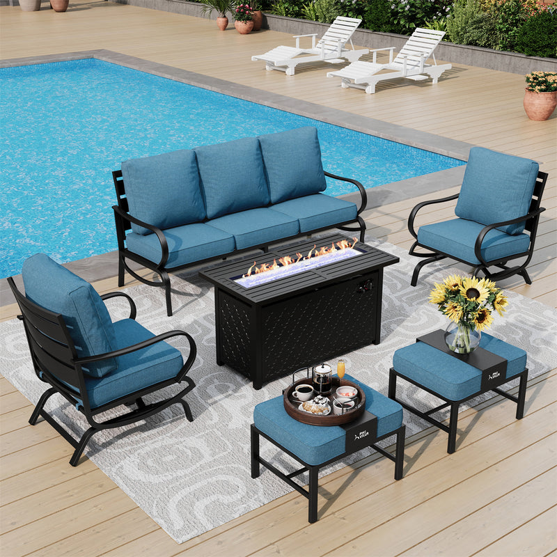 Phi Villa 7-Seater Patio Steel Conversation Sofa Sets With Leather Grain Fire Pit Table