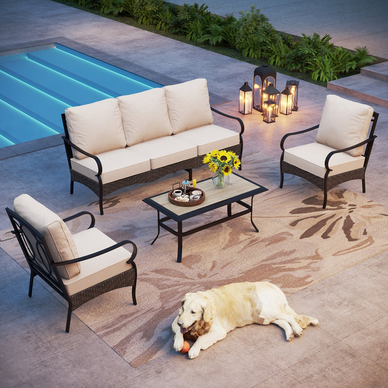 Phi Villa 5-Seater Outdoor Steel & Rattan Sofa Set With Coffee Table