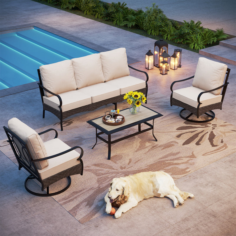 Phi Villa 5-Seater Outdoor Steel & Rattan Sofa Set With Coffee Table
