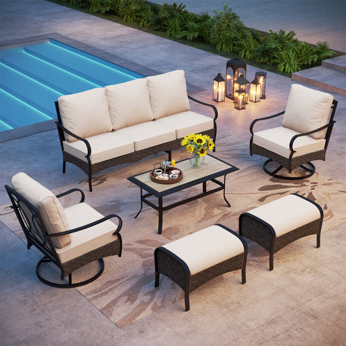 7-Seater  Outdoor Metal and Rattan Cocoa Couch with Ottomans