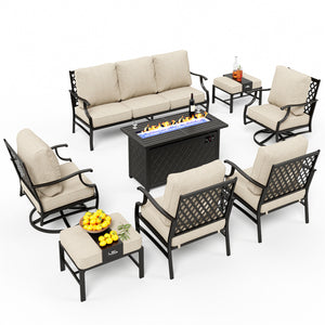 9-Seater Outdoor Metal Diamond Sofa Sets with Fire Pit Table