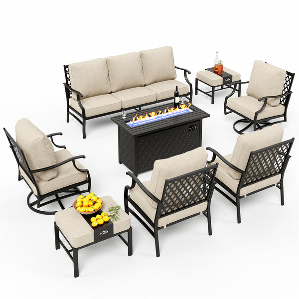 9-Seater Outdoor Metal Diamond Sofa Sets with Fire Pit Table