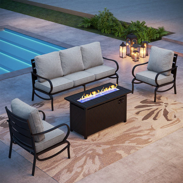 Phi Villa 5-Seater Patio Steel Conversation Sofa Sets With Leather Grain Fire Pit Table