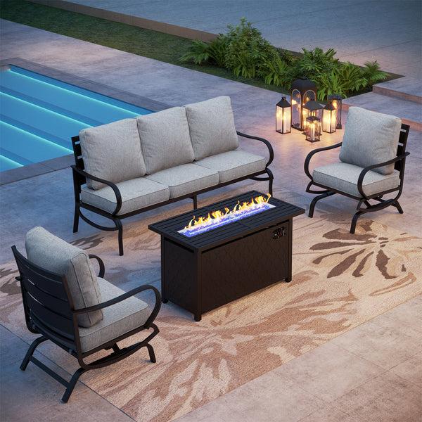 Phi Villa 5-Seater Patio Steel Conversation Sofa Sets With Leather Grain Fire Pit Table