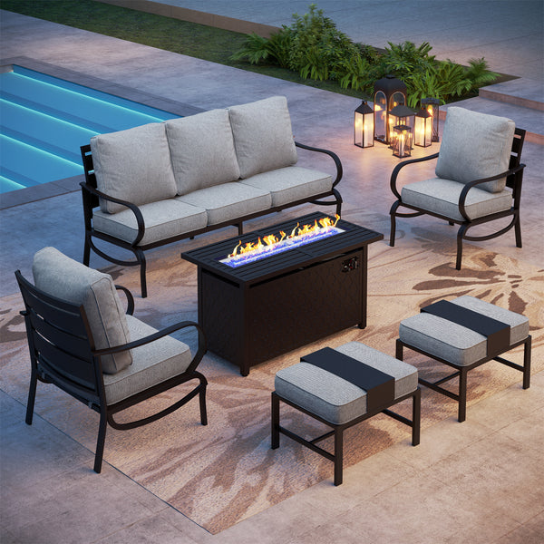 7-Seater Patio Metal Wave Sofa Sets with Fire Pit Table