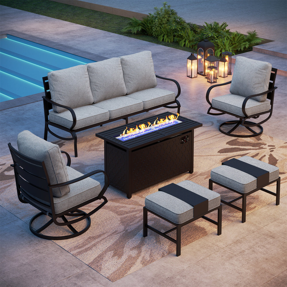 7-Seater Patio Metal Wave Sofa Sets with Fire Pit Table