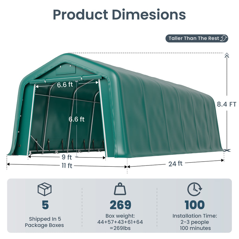 PHI VILLA Outdoor 11x32ft Green Storage Tent for Vehicles, Farm, and Agricultural Use