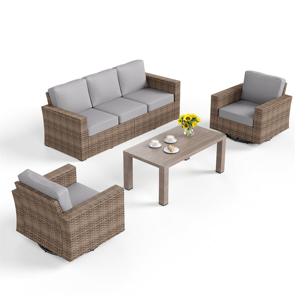 Luxury Patio Wicker King Swivel Sofa Set with Wood Table