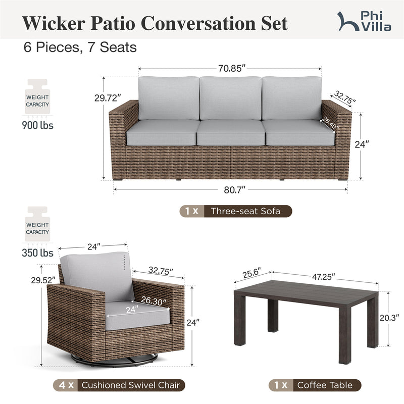 Phi Villa Luxury Patio Rattan Swivel Conversation Sofa Set