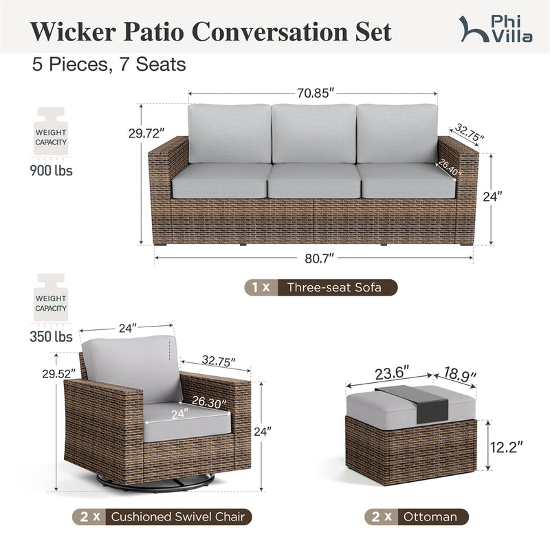 Phi Villa Luxury Patio Rattan Swivel Conversation Sofa Set