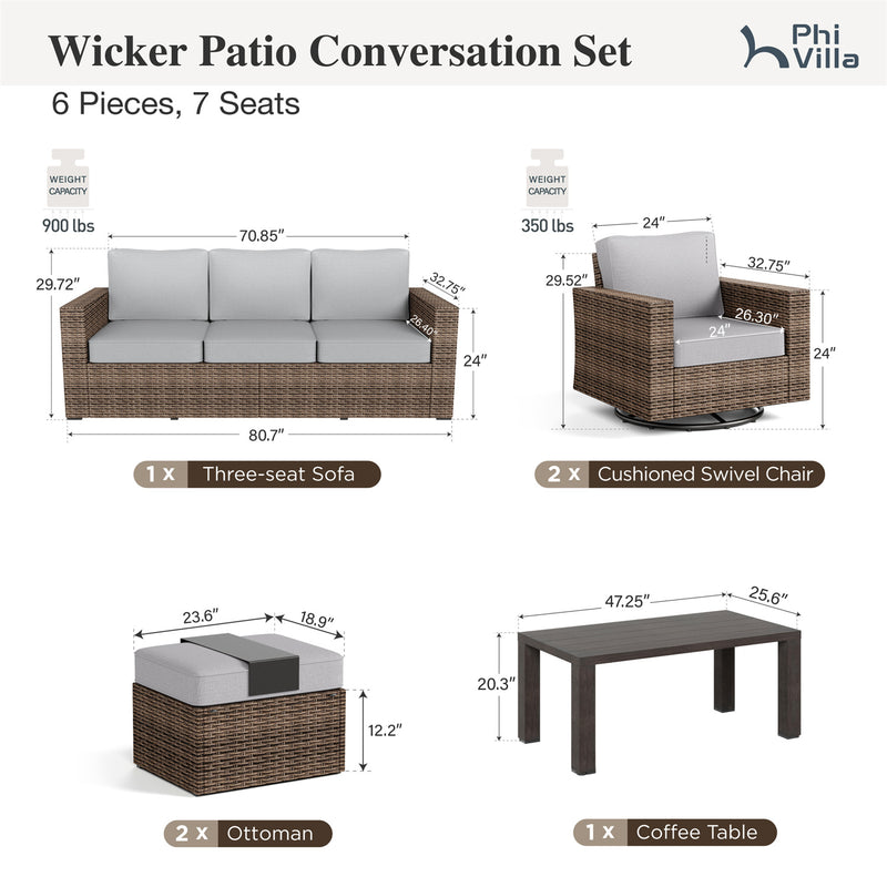 Phi Villa Luxury Patio Rattan Swivel Conversation Sofa Set