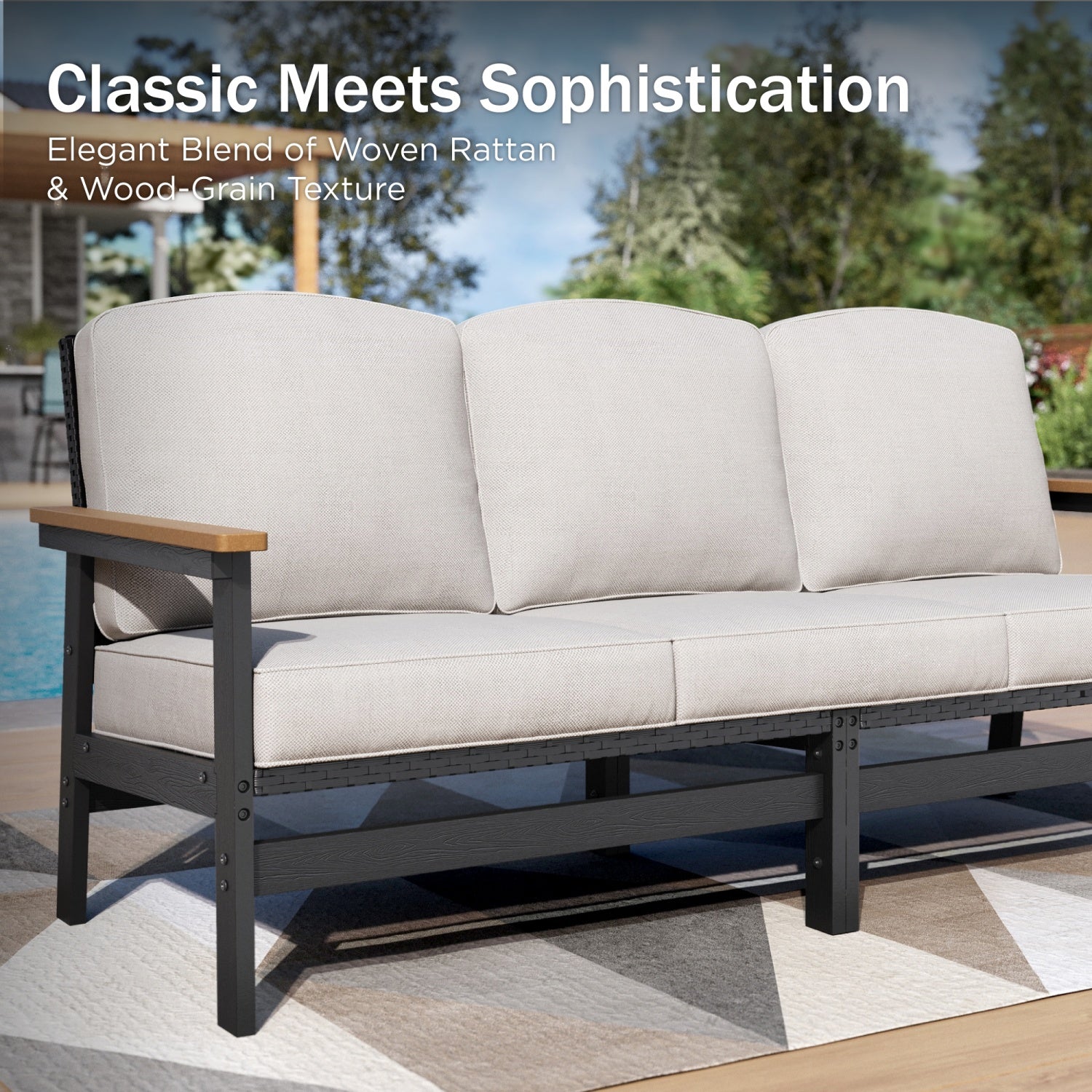 5-Seater Eco-Friendly HDPE Rattan and Wood-Grain Tranquil Garden Sofa