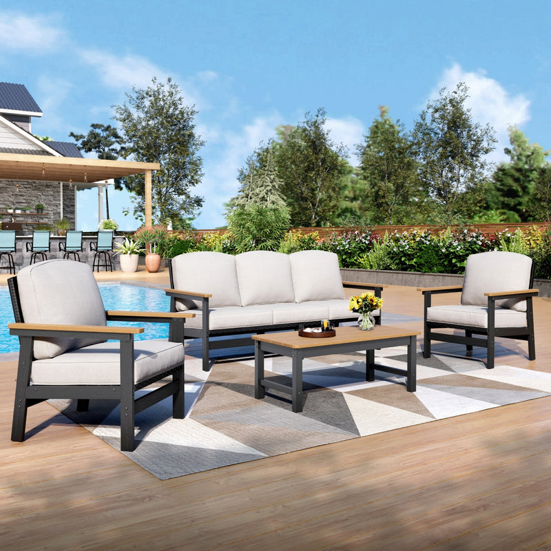 Phi Villa 5-Seater Patio Rattan and Wood-Grain Sofa Set