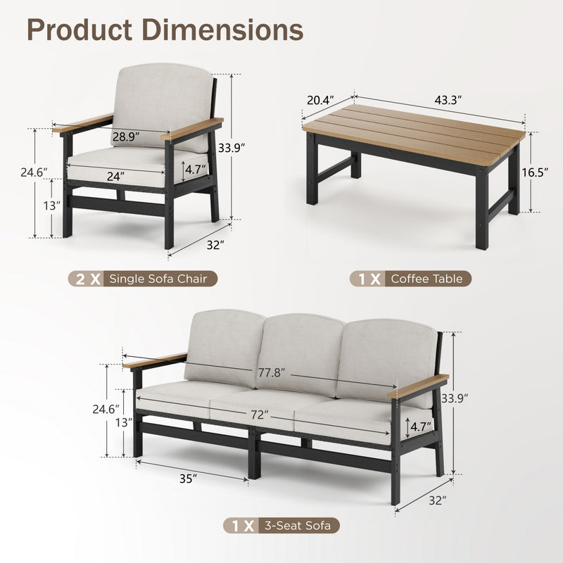 Phi Villa 5-Seater Patio Rattan and Wood-Grain Sofa Set