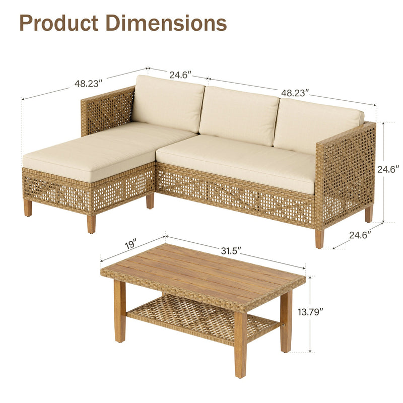 Phi Villa 4-Seater Patio Budget-Friendly Bohemian Wicker and Wood Sofa Set