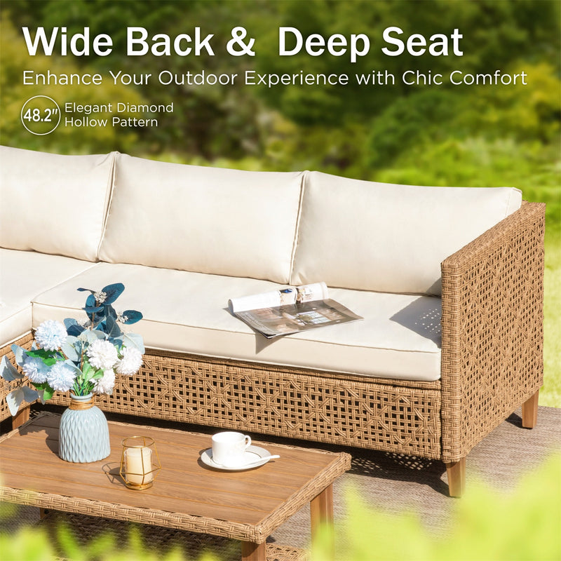 Phi Villa 4-Seater Patio Budget-Friendly Bohemian Wicker and Wood Sofa Set