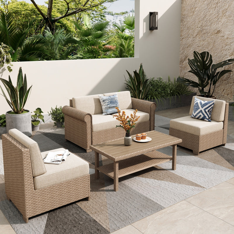 Phi Villa Outdoor Classic Garden Modular Wicker Deep Sofa Set with Coffee Table