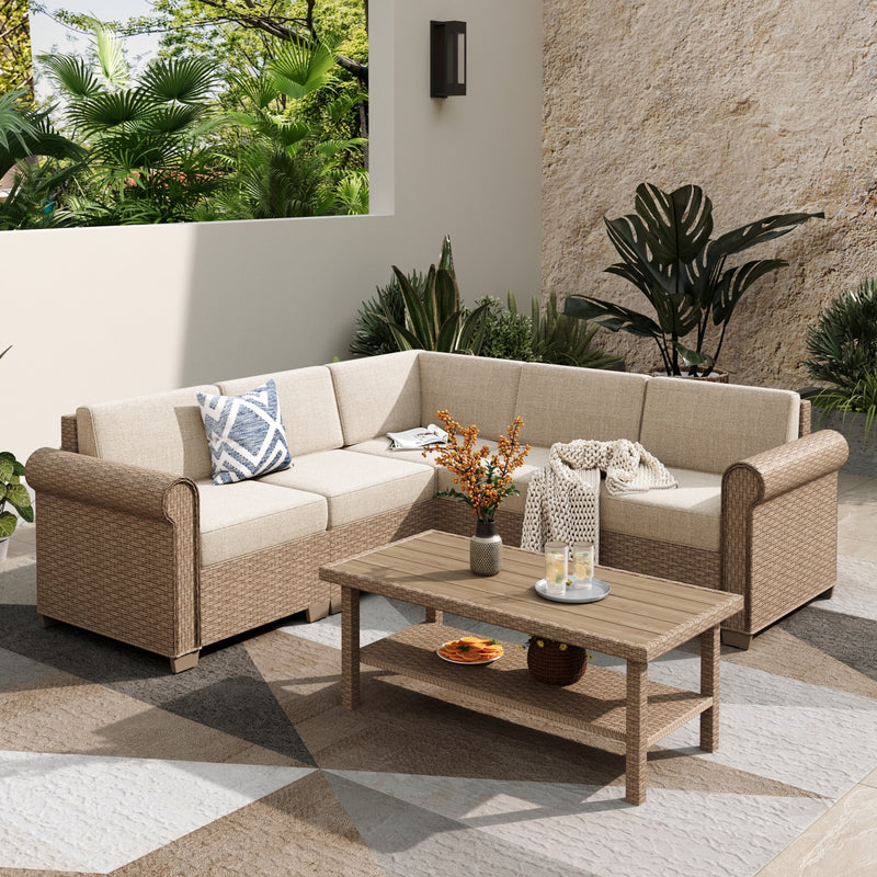 Phi Villa Outdoor Classic Garden Modular Wicker Deep Sofa Set with Coffee Table
