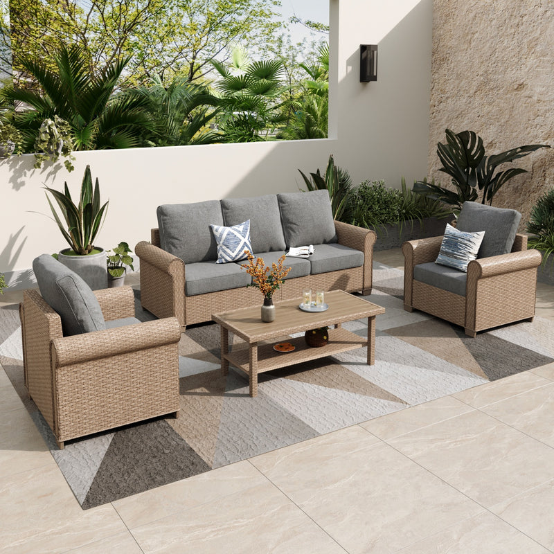 Phi Villa Patio Furniture Classic Garden Wicker Conversation Sofa Set