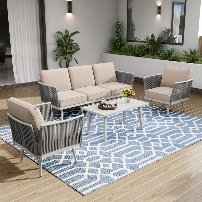 Phi Villa Patio Modern Metal and Rope Rattan Conversation Sofa Set with Coffee Table