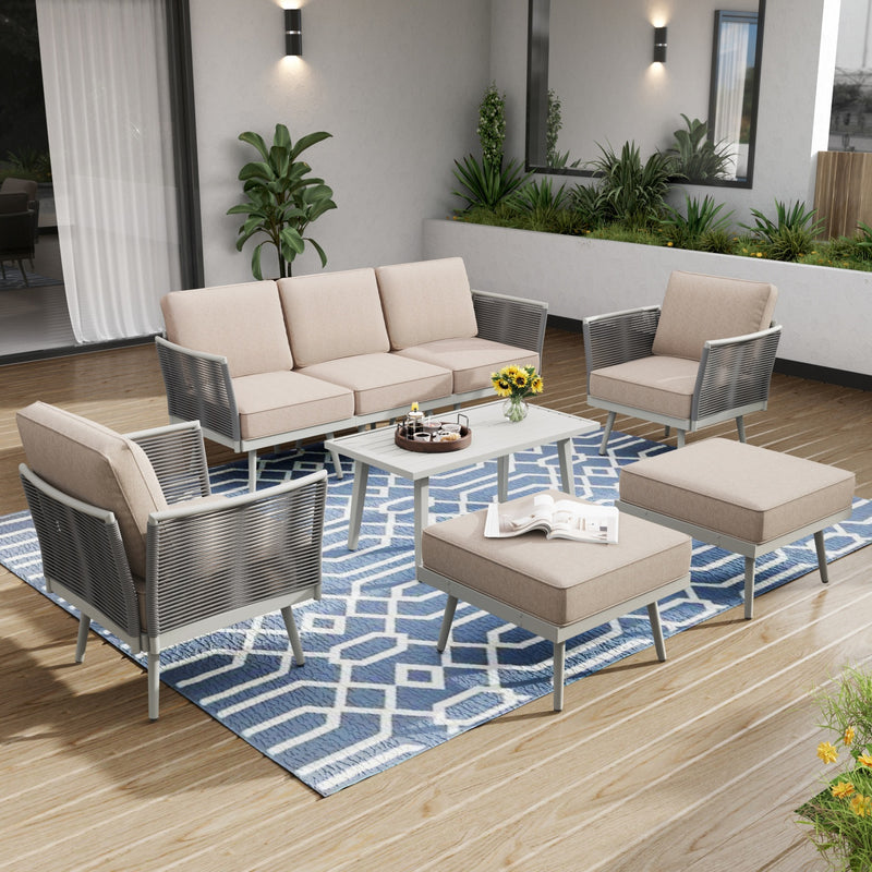 Phi Villa Patio Modern Metal and Rope Rattan Conversation Sofa Set with Coffee Table