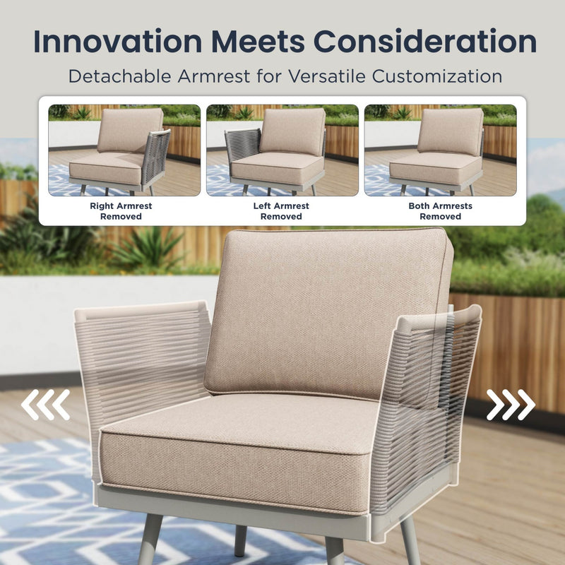 Phi Villa Patio Modern Metal and Rope Rattan Conversation Sofa Set with Coffee Table
