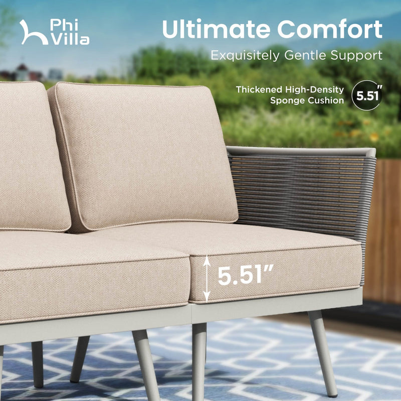 Phi Villa Patio Modern Metal and Rope Rattan Conversation Sofa Set with Coffee Table