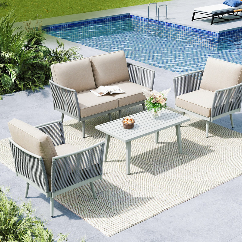 Phi Villa Patio Modern Metal and Rope Rattan Conversation Sofa Set with Coffee Table