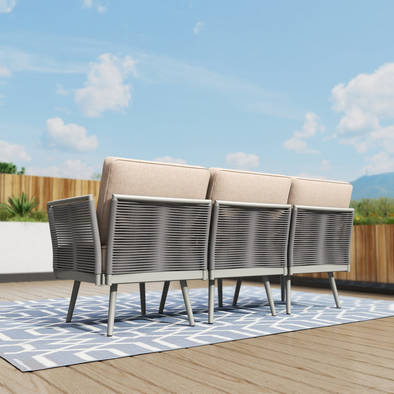 Phi Villa Patio Modern Metal and Rope Rattan Conversation Sofa Set with Coffee Table