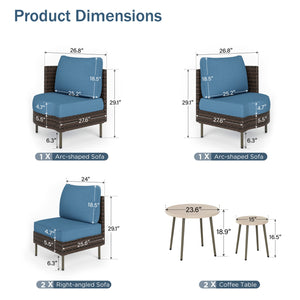 Curved Sectional Sofa Set in Vintage Rattan and Cushions