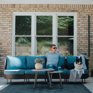 Curved Sectional Sofa Set in Vintage Rattan and Cushions