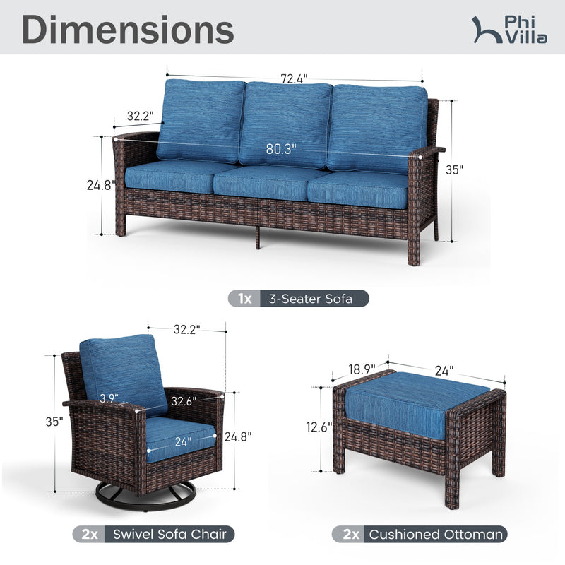 Phi Villa Patio Rattan Furniture Wicker 7-Seater Outdoor Swivel Sofa Sets