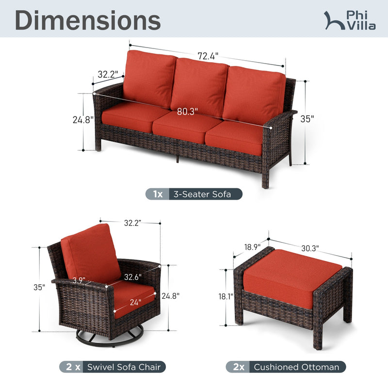 Phi Villa Patio Rattan Furniture Wicker 7-Seater Outdoor Swivel Sofa Sets