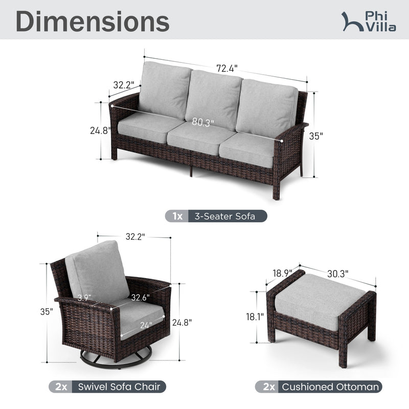 Phi Villa Patio Rattan Furniture Wicker 7-Seater Outdoor Swivel Sofa Sets