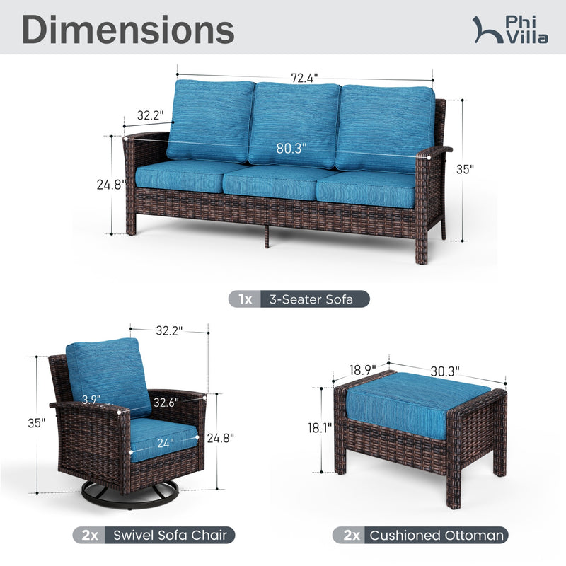 Phi Villa Patio Rattan Furniture Wicker 7-Seater Outdoor Swivel Sofa Sets