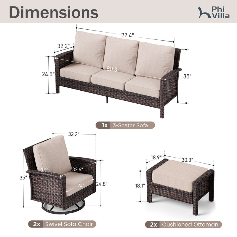Phi Villa Patio Rattan Furniture Wicker 7-Seater Outdoor Swivel Sofa Sets
