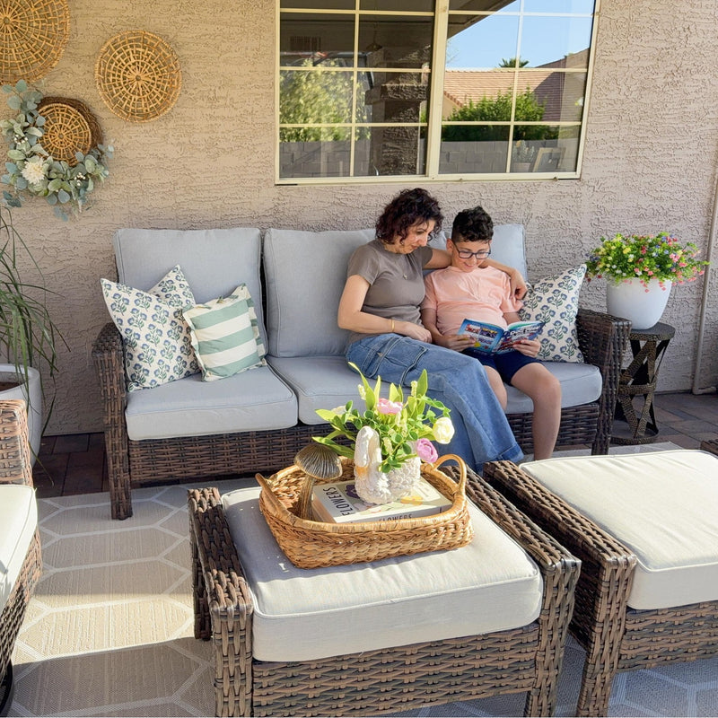 Phi Villa Patio Rattan Furniture Wicker 7-Seater Outdoor Swivel Sofa Sets