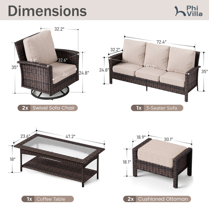 Phi Villa Outdoor Rattan Furniture Wicker 7-Seater Patio Swivel Sofa Sets with Coffee Table