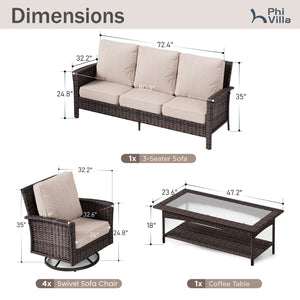 7-Seater Garden Vintage Swivel Rattan Sofa Sets with Wicker Table