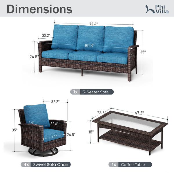 7-Seater Garden Vintage Swivel Rattan Sofa Sets with Wicker Table