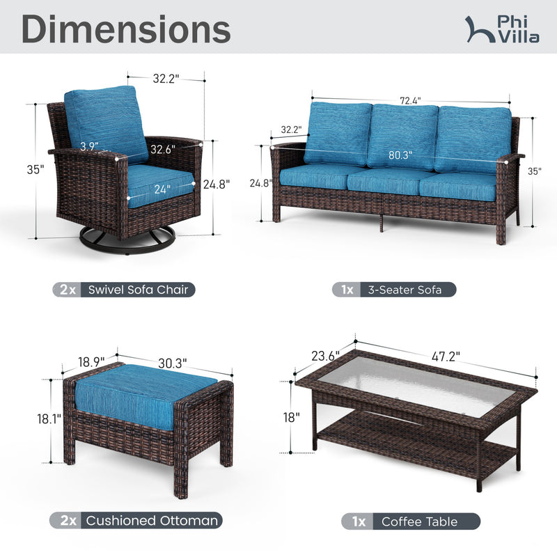 Phi Villa Outdoor Rattan Furniture Wicker 7-Seater Patio Swivel Sofa Sets with Coffee Table