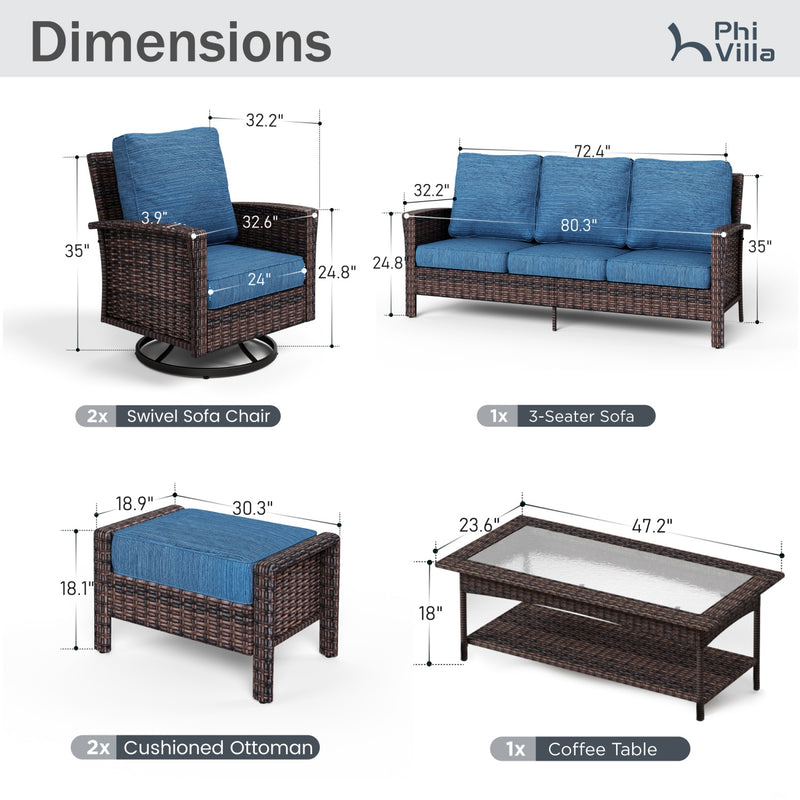 Phi Villa Outdoor Rattan Furniture Wicker 7-Seater Patio Swivel Sofa Sets with Coffee Table