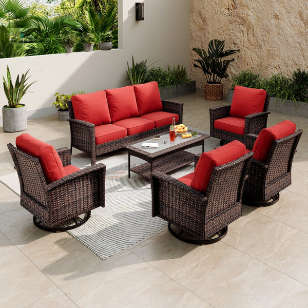 7-Seater Garden Vintage Swivel Rattan Sofa Sets with Wicker Table